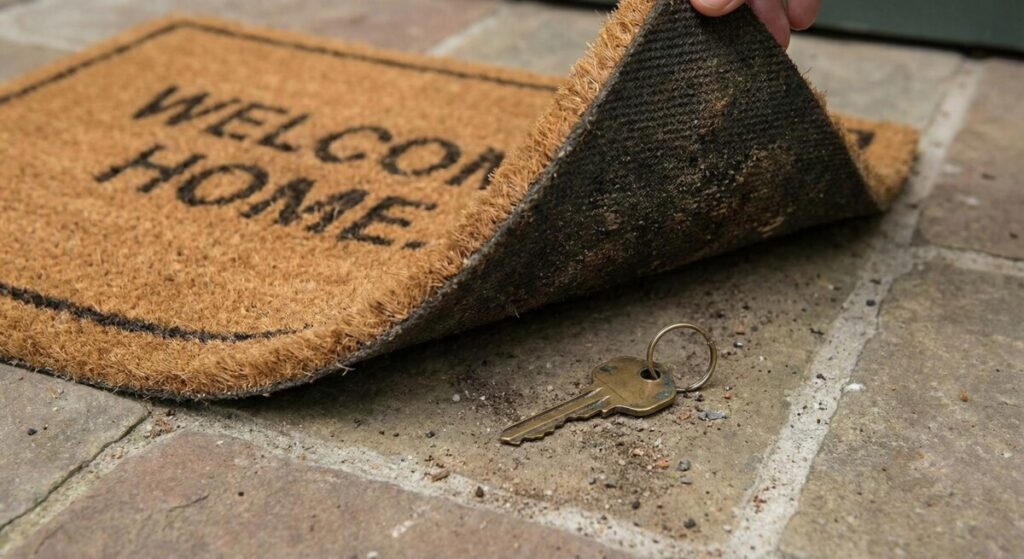 Key hidden under a welcome mat representing weak security recovery.